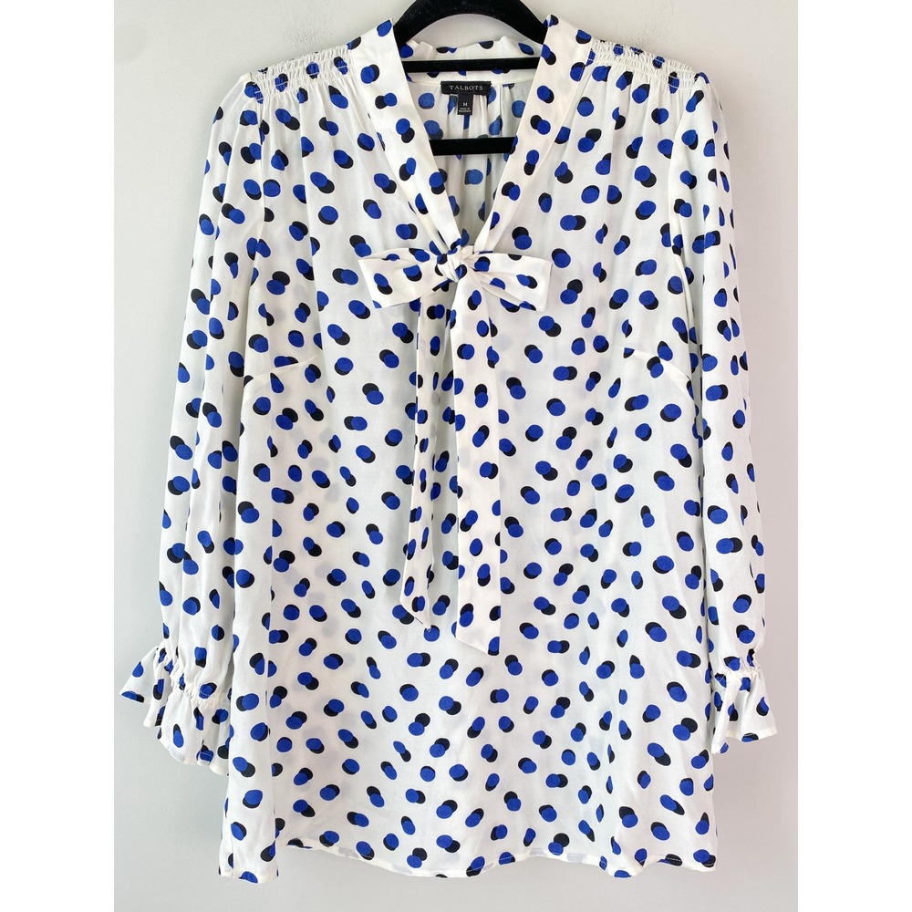 Talbots Womens Blouse M White Blue Polka Dot Tie Neck Office Viscose Preppy